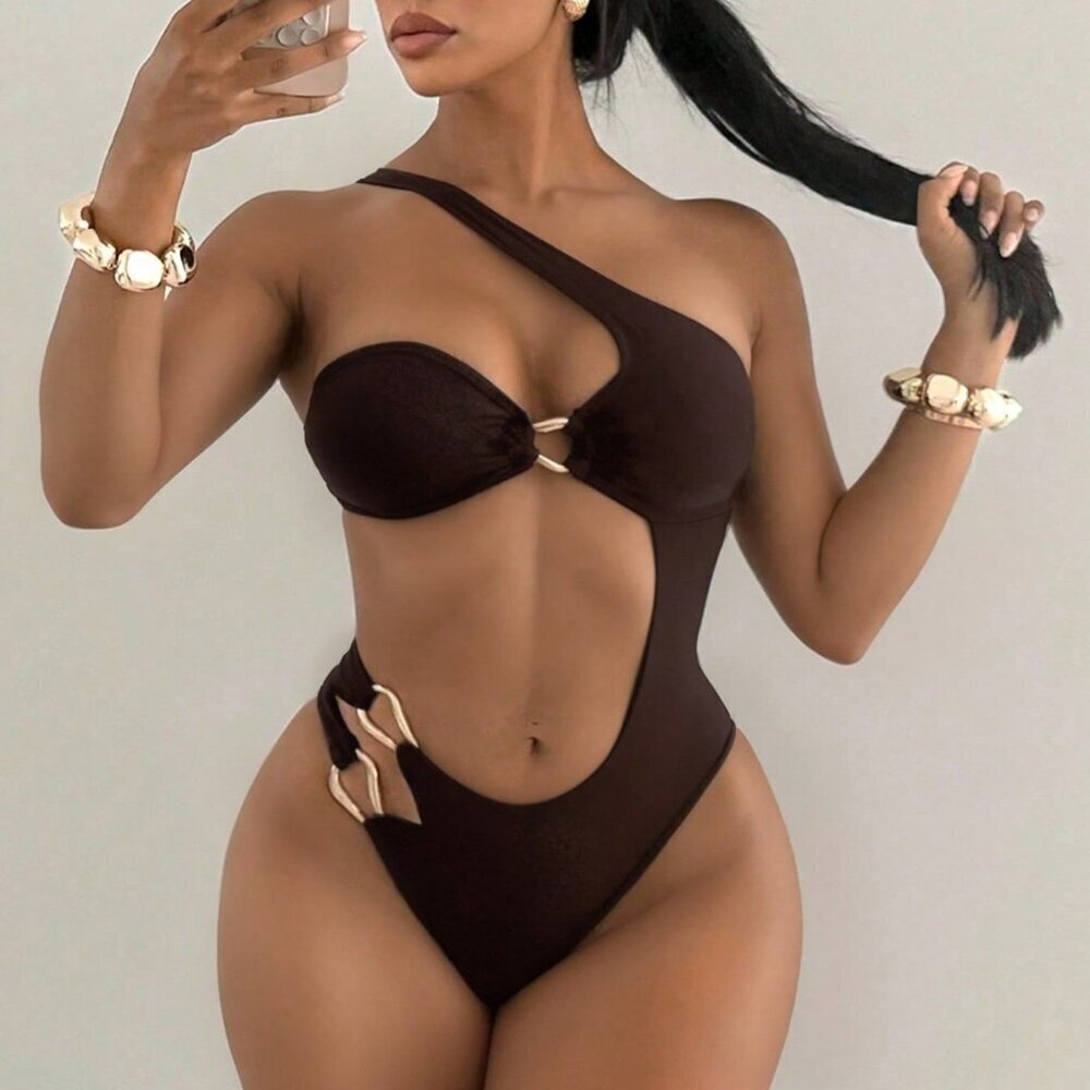 Brown Women's Sexy Asymmetrical Beach One Piece